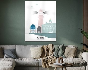 Skyline illustration of the Frisian island of Vlieland in color by Mevrouw Emmer