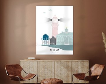 Skyline illustratie waddeneiland Vlieland in kleur van Mevrouw Emmer