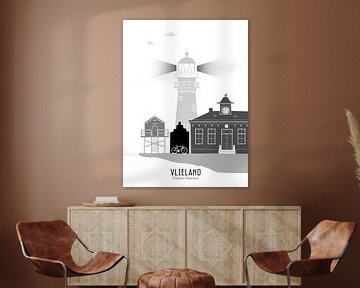 Skyline illustratie waddeneiland Vlieland zwart-wit-grijs van Mevrouw Emmer