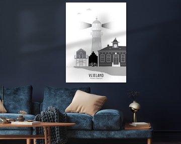 Skyline illustratie waddeneiland Vlieland zwart-wit-grijs van Mevrouw Emmer