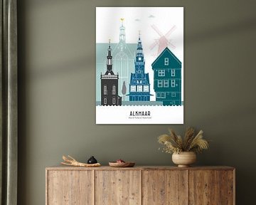 Skyline illustratie stad Alkmaar in kleur van Mevrouw Emmer