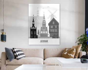 Skyline Illustration Stadt Alkmaar schwarz-weiß-grau von Mevrouw Emmer