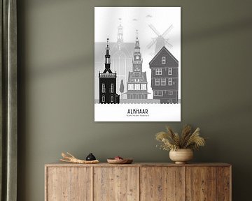 Skyline illustration city Alkmaar black-white-grey by Mevrouw Emmer