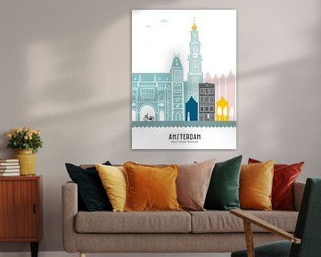 Skyline Illustration Hauptstadt Amsterdam | Mokum in Farbe von Mevrouw Emmer