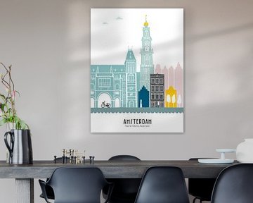 Skyline illustratie hoofdstad Amsterdam | Mokum in kleur van Mevrouw Emmer