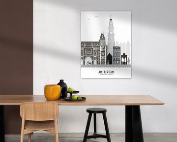 Skyline illustratie hoofdstad Amsterdam | Mokum zwart-wit-grijs van Mevrouw Emmer