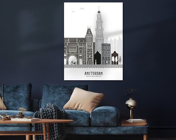 Skyline illustratie hoofdstad Amsterdam | Mokum zwart-wit-grijs van Mevrouw Emmer