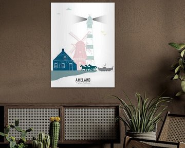 Skyline illustratie waddeneiland Ameland in kleur van Mevrouw Emmer
