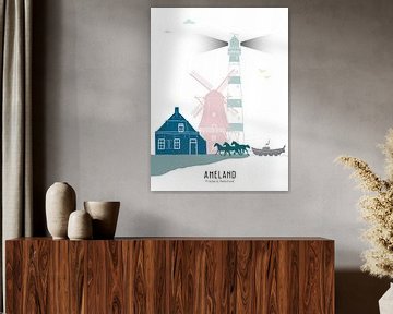 Skyline illustratie waddeneiland Ameland in kleur van Mevrouw Emmer