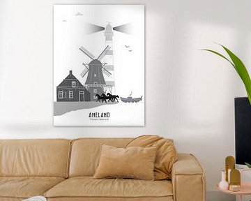 Skyline illustratie waddeneiland Ameland zwart-wit-grijs van Mevrouw Emmer