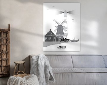 Skyline illustratie waddeneiland Ameland zwart-wit-grijs van Mevrouw Emmer