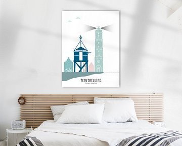 Skyline illustration of the Dutch island Terschelling in color by Mevrouw Emmer