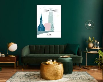 Skyline-Illustration für die Insel Texel schwarz-weiß von Mevrouw Emmer