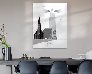 Skyline illustratie waddeneiland Texel zwart-wit-grijs van Mevrouw Emmer