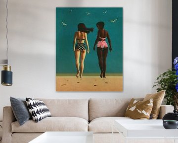 Retro-Gemälde von Mädchen, die am Strand spazieren gehen