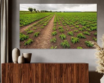 Large field with curly kale plants in long rows by Ruud Morijn