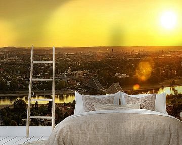 Dresden Skyline met Loschwitz Brug bij zonsondergang