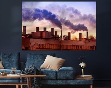 Smoking chimneys of a factory in the sunset by ManfredFotos