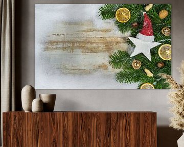 Christmas background with snow border, star shape with santa claus cap by Alex Winter