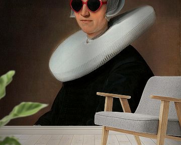 Portret van Adriana Croes, Johannes  Cornelisz. Geschilderd door Verspronck met zonnebril van Maarten Knops