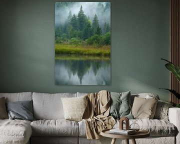 Mist tussen de bomen aan een meer in de Franse Jura.