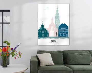 Skyline illustration city of Breda in color by Mevrouw Emmer