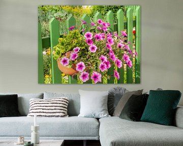 Bloembak met roze petunia's op een hek van ManfredFotos