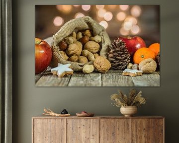 Christmas food composition on wooden table with blurred lights background by Alex Winter