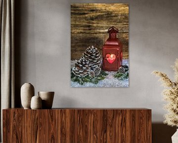 Lanterne de Noël rouge avec décoration de pommes de pin et de branches de sapin sur Alex Winter