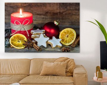 Festive Christmas background decoration with candle, cookies, orange slices by Alex Winter