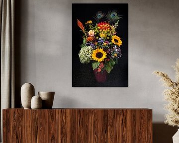 Cheerful colorful bouquet of flowers with peacock feathers
