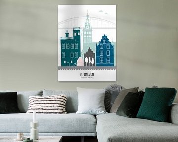 Skyline illustration city of Nijmegen in color by Mevrouw Emmer