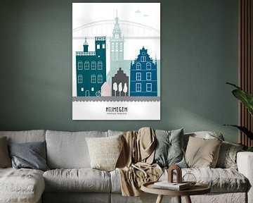 Skyline illustratie stad Nijmegen in kleur van Mevrouw Emmer