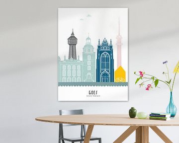 Skyline illustratie stad Goes in kleur van Mevrouw Emmer