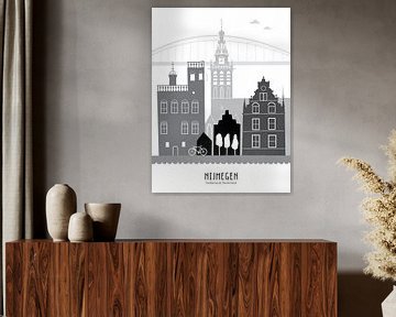 Skyline illustratie stad Nijmegen zwart-wit-grijs van Mevrouw Emmer