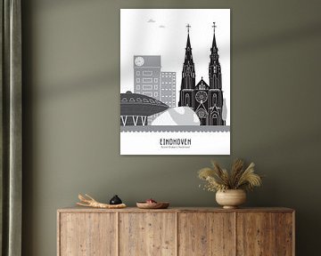 Skyline illustratie stad Eindhoven zwart-wit-grijs van Mevrouw Emmer
