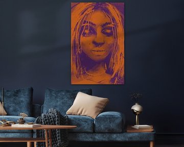 Orange and purple artwork - woman with closed eyes by Emiel de Lange