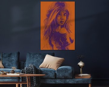 Œuvre d'art orange et violette - modèle féminin sur Emiel de Lange