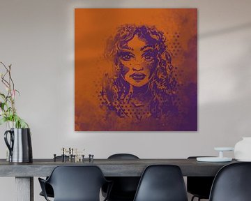 Oranje en paars kunstwerk - vrouw met krullende haren van Emiel de Lange