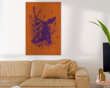 Peinture aquarelle difficile, une tête de cerf en violet orange sur Emiel de Lange