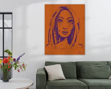 Orange und lila Kunstwerk - robuste Frau mit glattem Haar von Emiel de Lange