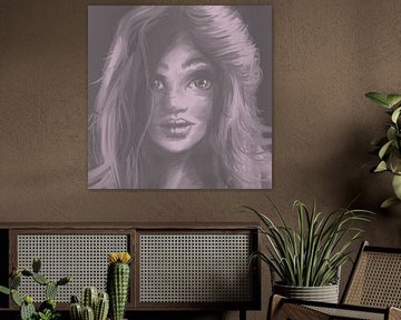 Vierkante print in taupe en zacht roze - portret van jonge vrouw van Emiel de Lange