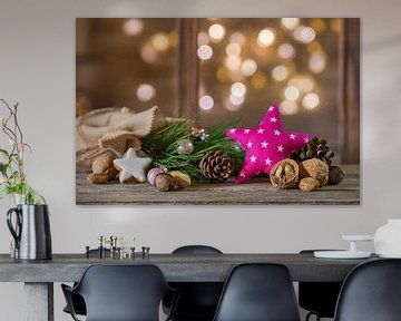 Christmas star shape with decoration on wood table and blurred lights background by Alex Winter