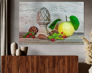 Fall season still life with food, quince fruit, red rose hips, leaves by Alex Winter