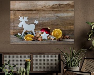 Kerst achtergronddecoratie met rendieren, koekjes, sinaasappelschijfjes van Alex Winter