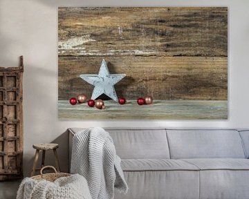 Christmas wood background with star shape and baubles decoration by Alex Winter