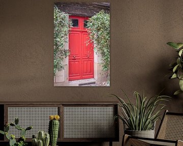 De rode voordeur met klimmende clematis. van Christa Stroo fotografie
