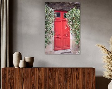 La porte d'entrée rouge avec la clématite grimpante. sur Christa Stroo photography