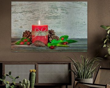 Fall arrangement with candle light, pine cones by Alex Winter