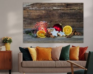 Christmas background, burning candle flame decoration, star shaped biscuits, spices, orange slices by Alex Winter